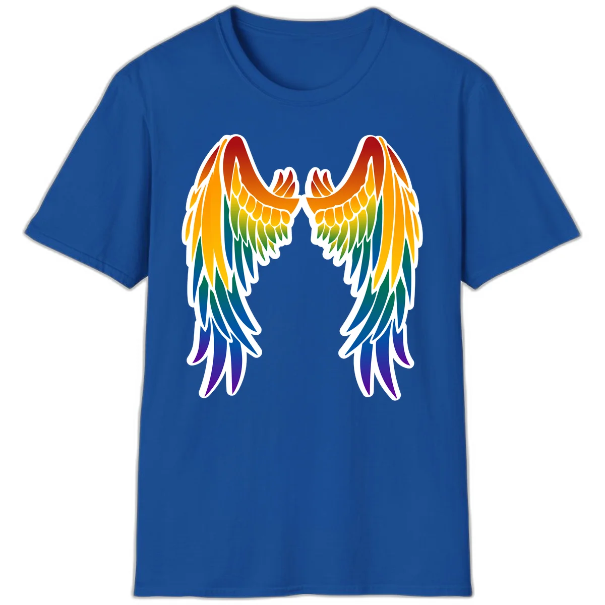 Symmetrical rainbow pride wings with feathered details in red, orange, yellow, green, teal, blue, and purple colors in Royal