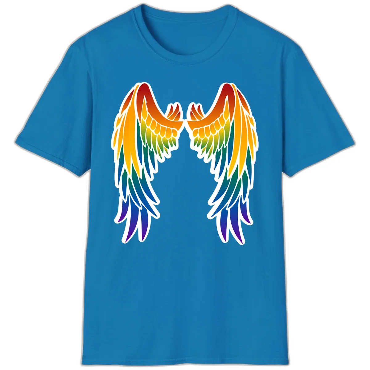 Symmetrical rainbow pride wings with feathered details in red, orange, yellow, green, teal, blue, and purple colors in Sapphire