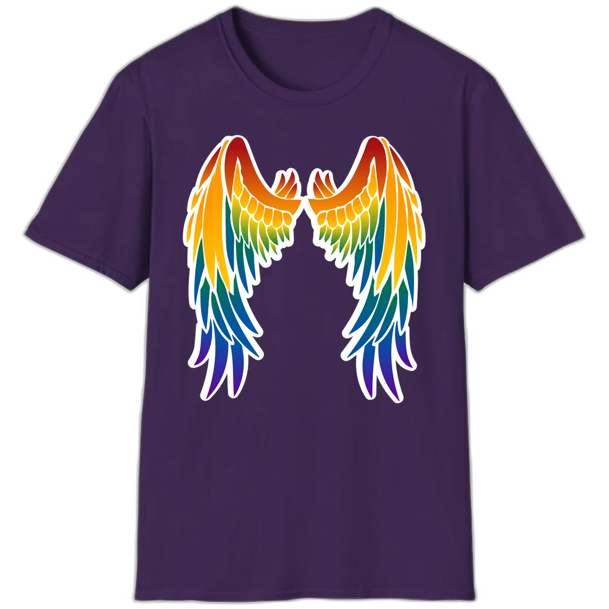 Symmetrical rainbow pride wings with feathered details in red, orange, yellow, green, teal, blue, and purple colors in Purple