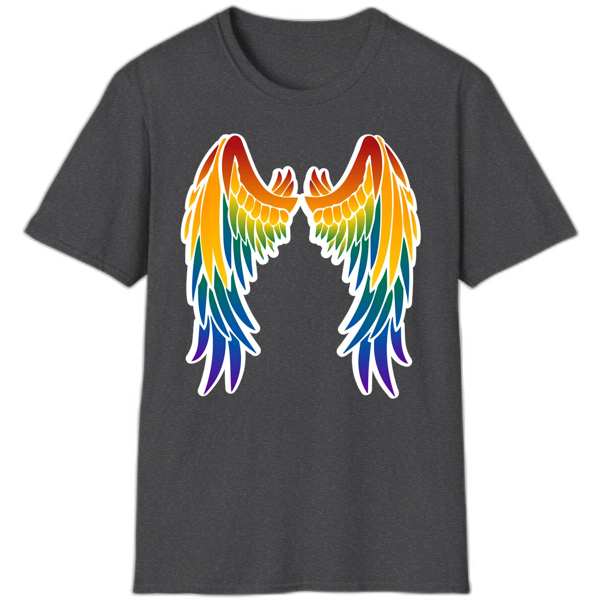 Symmetrical rainbow pride wings with feathered details in red, orange, yellow, green, teal, blue, and purple colors in Dark Heather