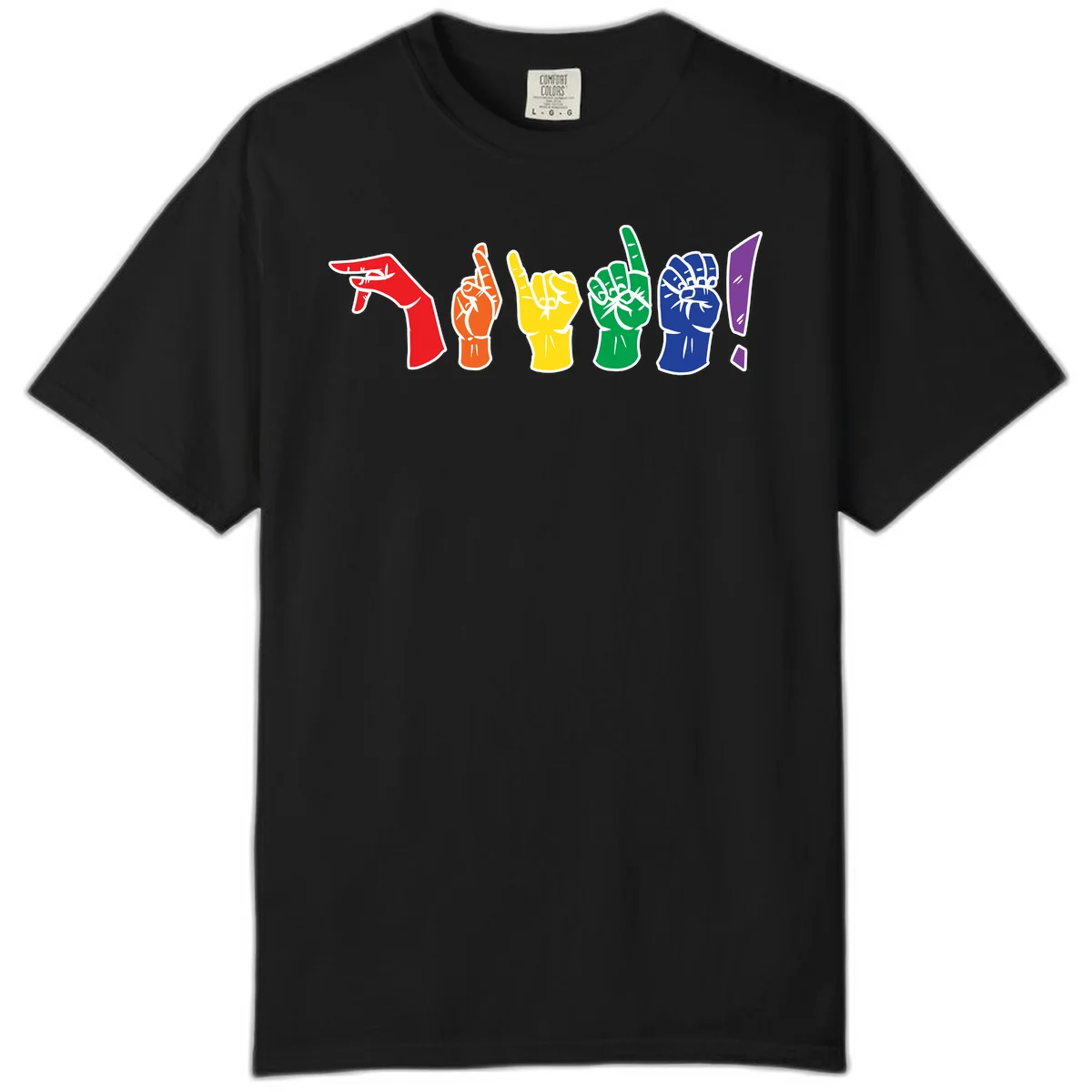 Six colorful raised fists in rainbow pride colors displaying various hand gestures symbolizing unity and solidarity in Black