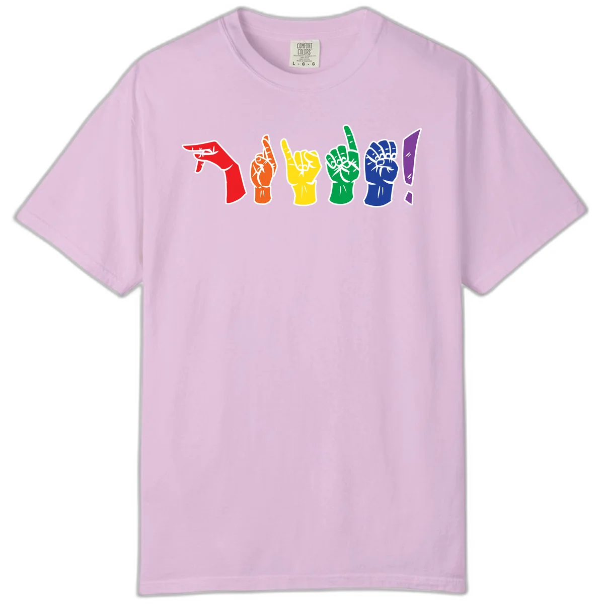 Six colorful raised fists in rainbow pride colors displaying various hand gestures symbolizing unity and solidarity in Orchid