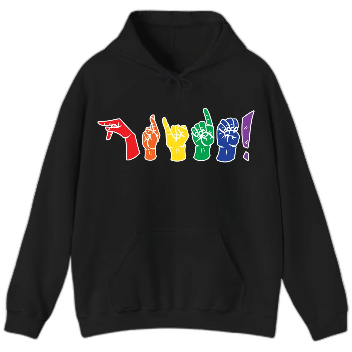 Six colorful raised fists in rainbow pride colors displaying various hand gestures symbolizing unity and solidarity in Black