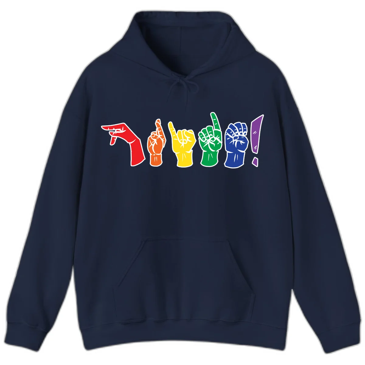 Six colorful raised fists in rainbow pride colors displaying various hand gestures symbolizing unity and solidarity in Navy