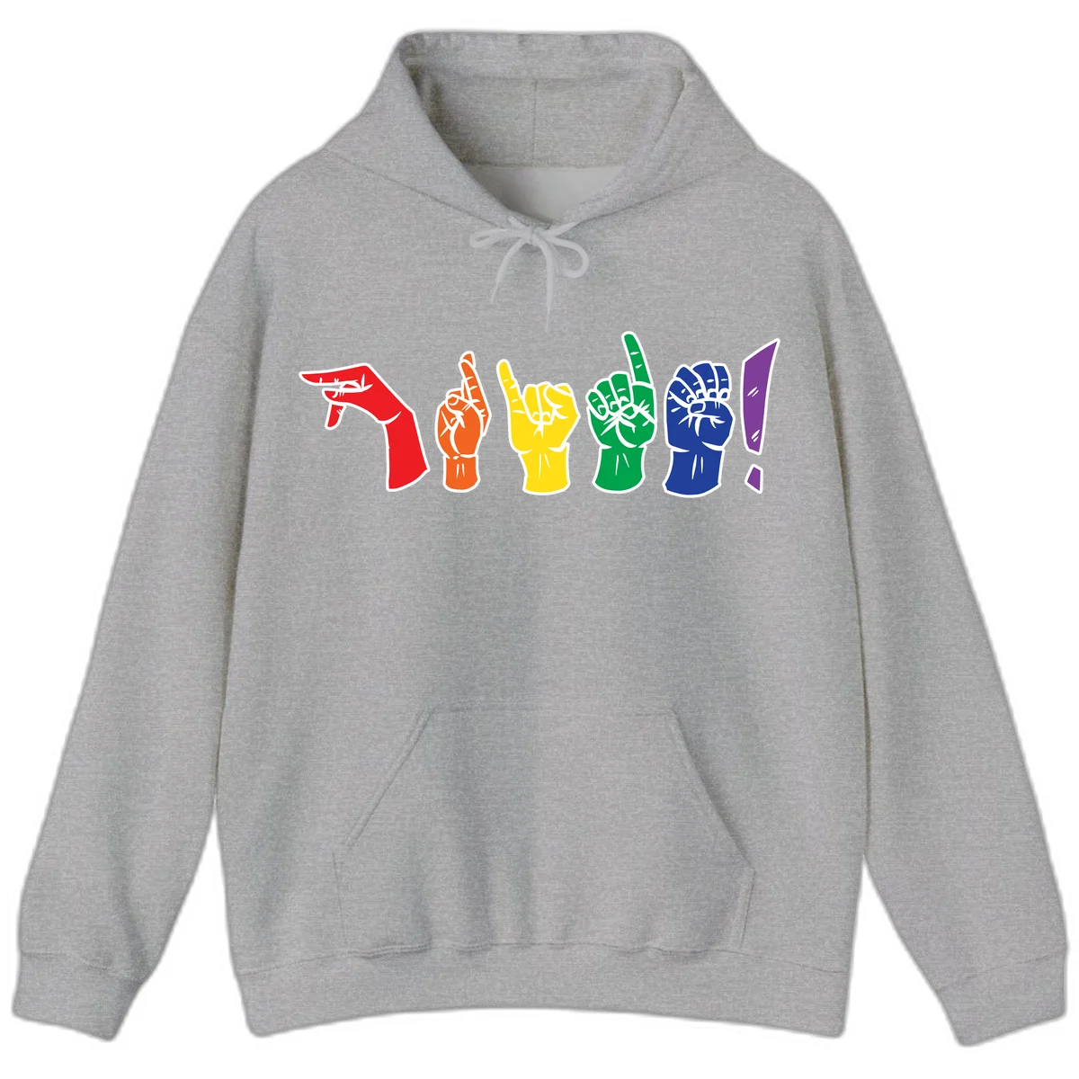 Six colorful raised fists in rainbow pride colors displaying various hand gestures symbolizing unity and solidarity in Sport Grey