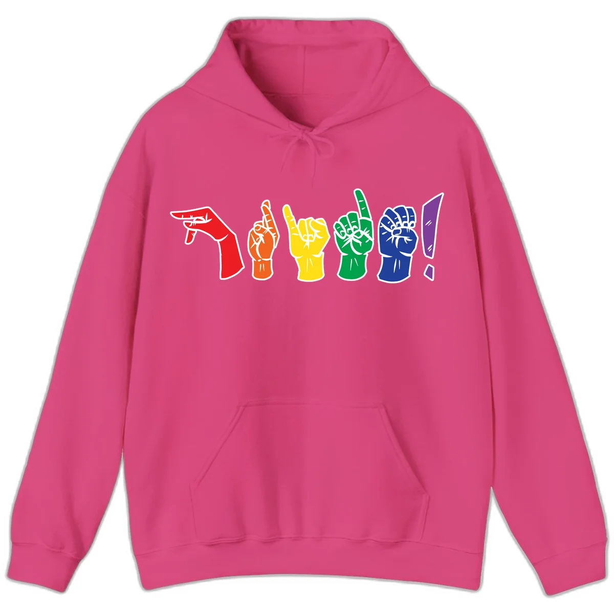 Six colorful raised fists in rainbow pride colors displaying various hand gestures symbolizing unity and solidarity in Heliconia