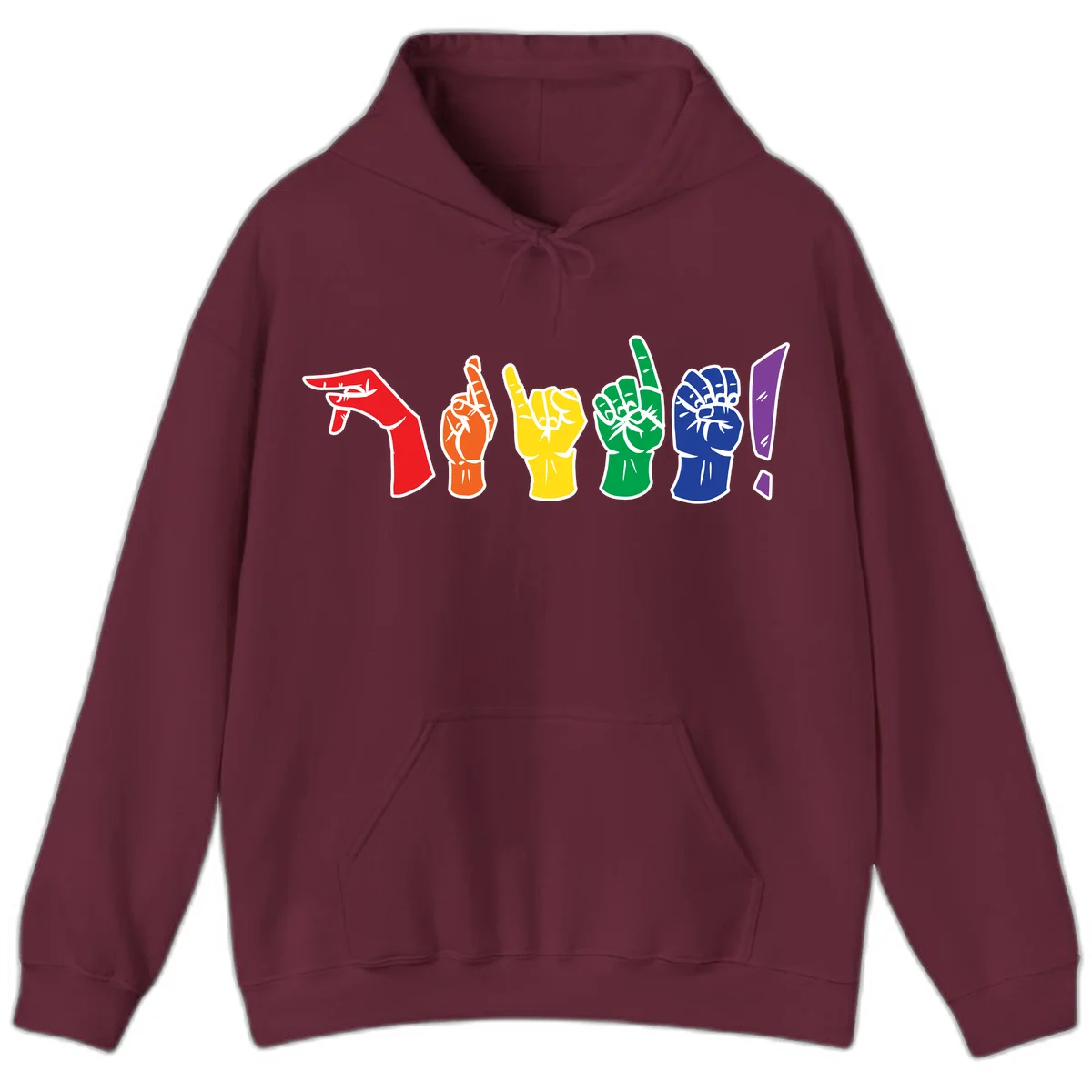 Six colorful raised fists in rainbow pride colors displaying various hand gestures symbolizing unity and solidarity in Maroon