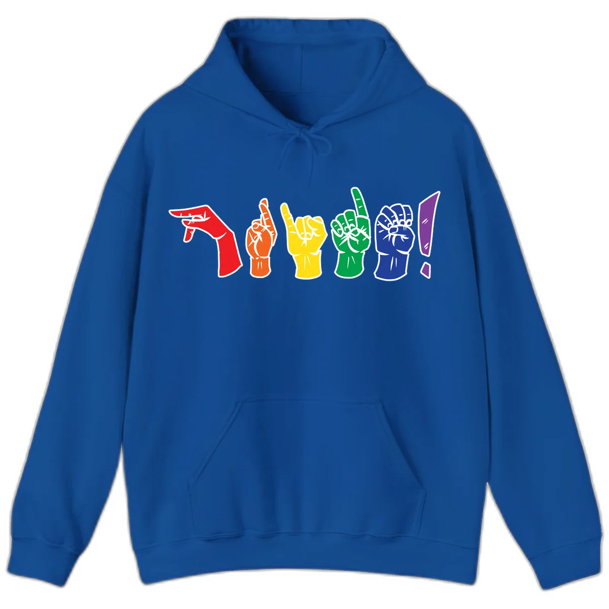 Six colorful raised fists in rainbow pride colors displaying various hand gestures symbolizing unity and solidarity in Royal