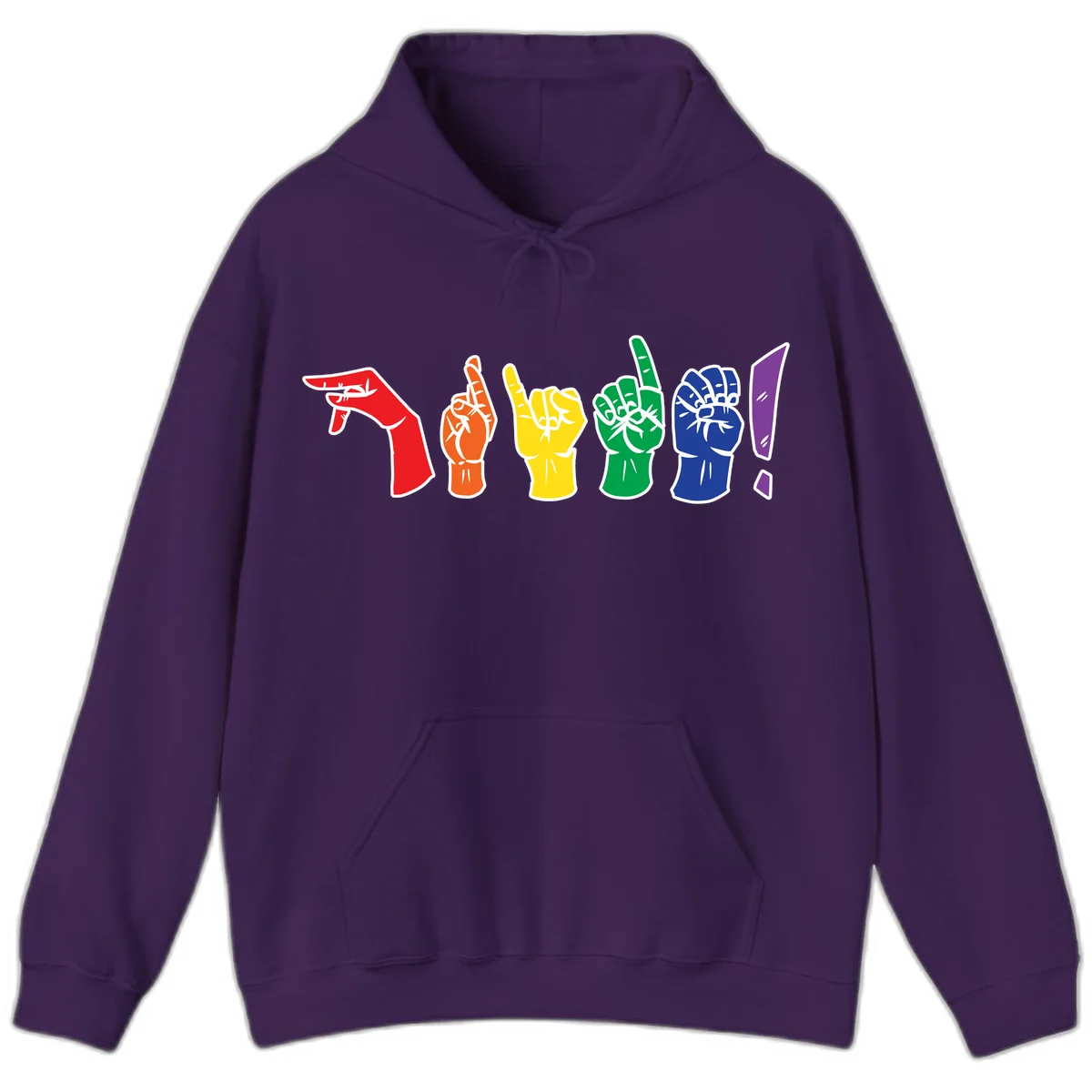 Six colorful raised fists in rainbow pride colors displaying various hand gestures symbolizing unity and solidarity in Purple