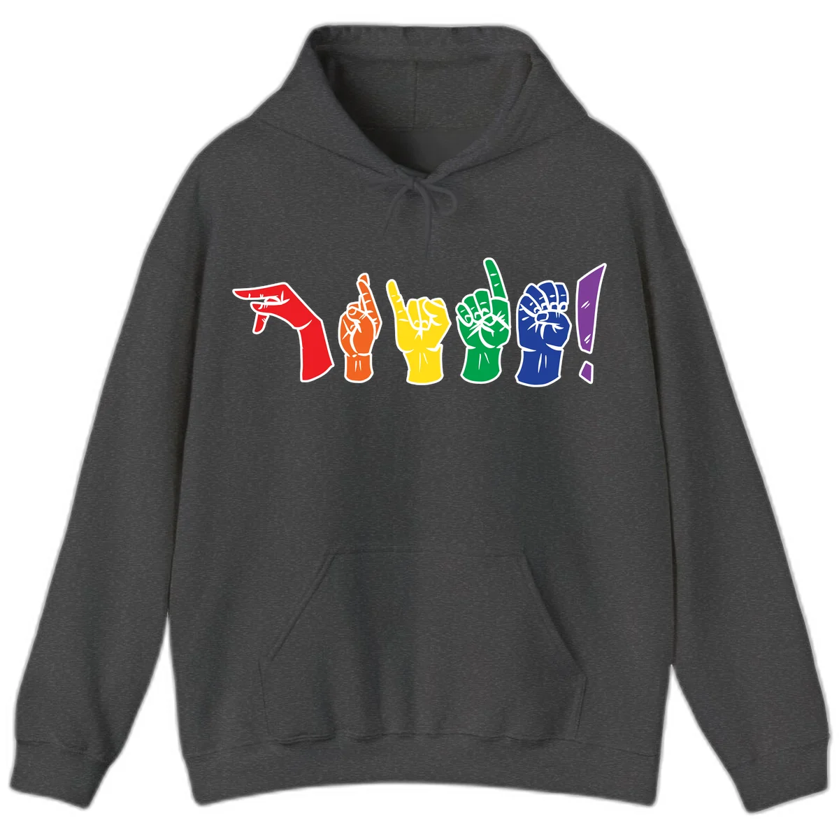 Six colorful raised fists in rainbow pride colors displaying various hand gestures symbolizing unity and solidarity in Dark Heather