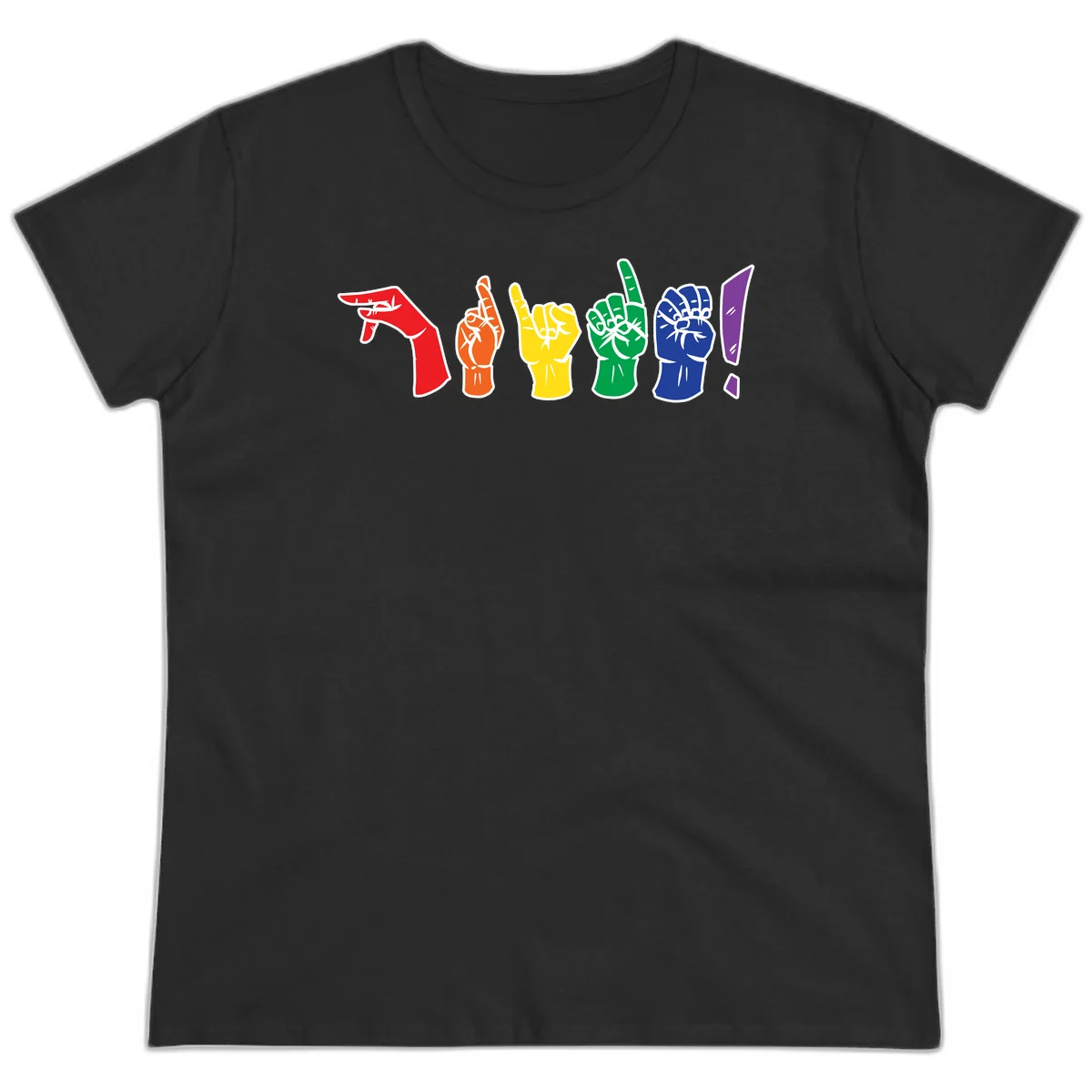 Six colorful raised fists in rainbow pride colors displaying various hand gestures symbolizing unity and solidarity in Black