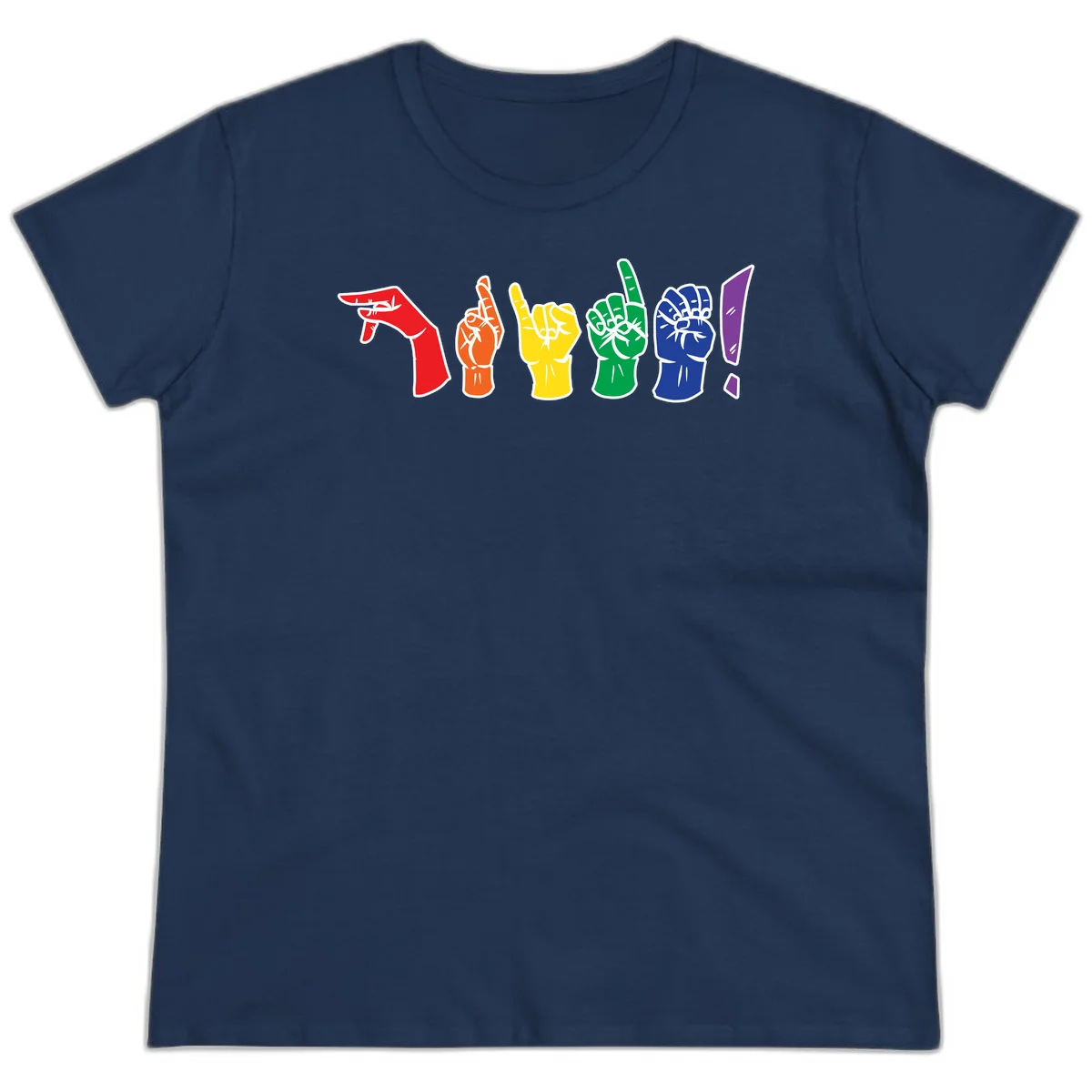 Six colorful raised fists in rainbow pride colors displaying various hand gestures symbolizing unity and solidarity in Navy