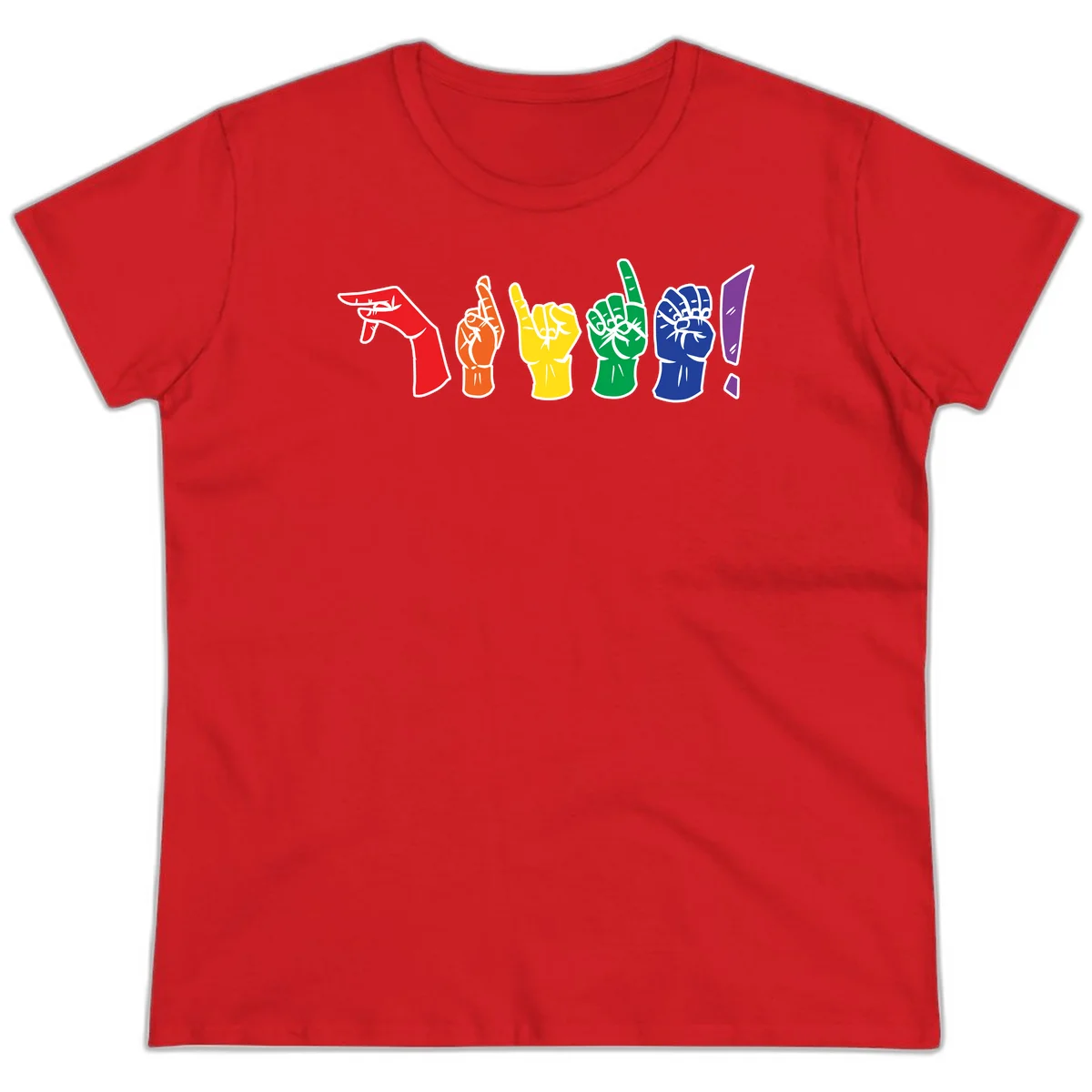 Six colorful raised fists in rainbow pride colors displaying various hand gestures symbolizing unity and solidarity in Red