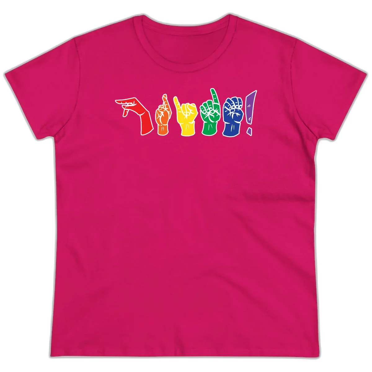 Six colorful raised fists in rainbow pride colors displaying various hand gestures symbolizing unity and solidarity in Heliconia