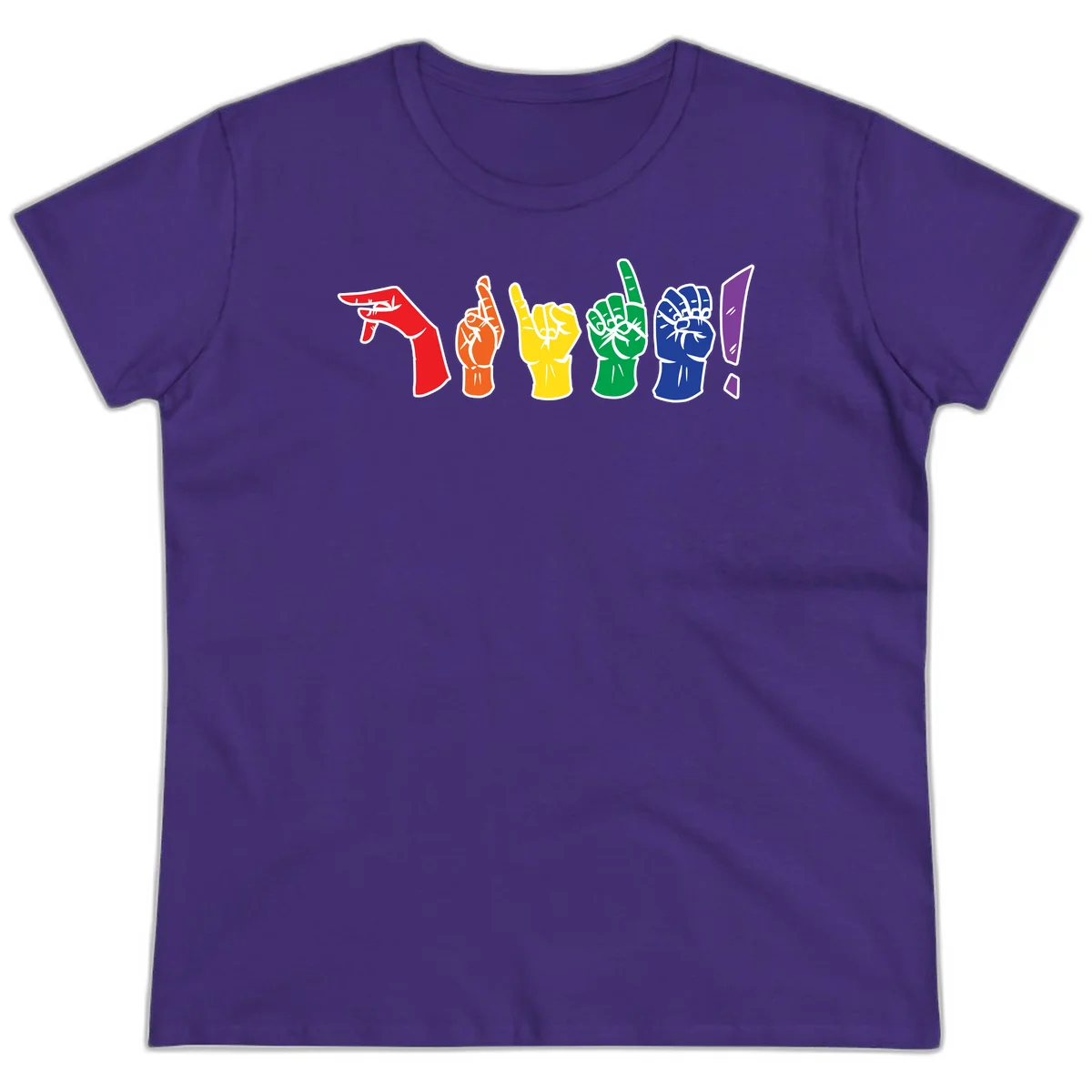 Six colorful raised fists in rainbow pride colors displaying various hand gestures symbolizing unity and solidarity in Purple