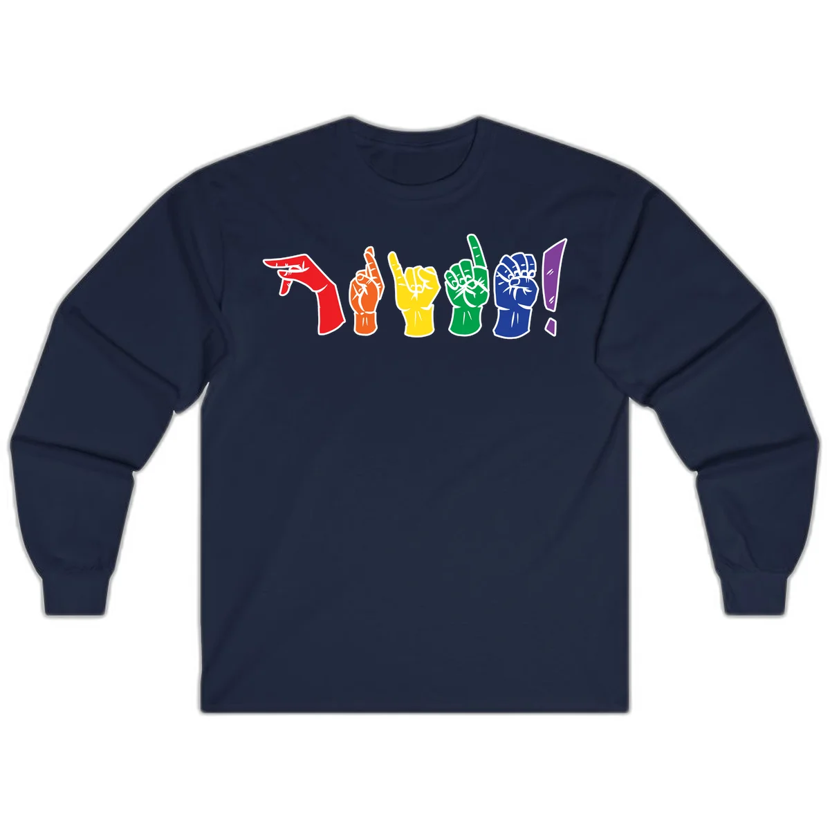 Six colorful raised fists in rainbow pride colors displaying various hand gestures symbolizing unity and solidarity in Navy