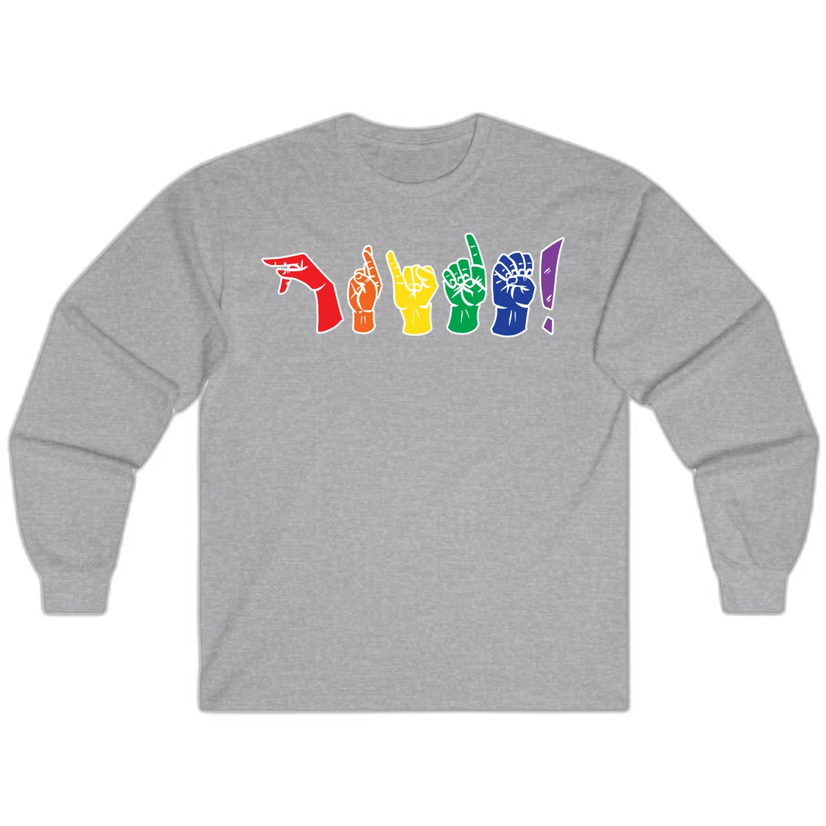 Six colorful raised fists in rainbow pride colors displaying various hand gestures symbolizing unity and solidarity in Sport Grey