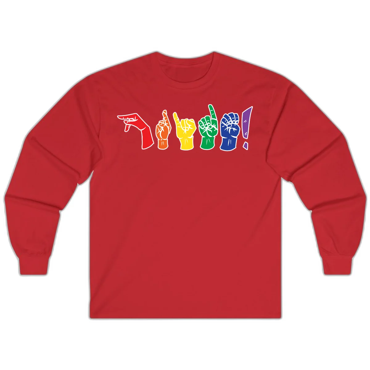 Six colorful raised fists in rainbow pride colors displaying various hand gestures symbolizing unity and solidarity in Red