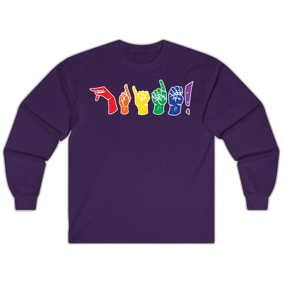 Six colorful raised fists in rainbow pride colors displaying various hand gestures symbolizing unity and solidarity in Purple