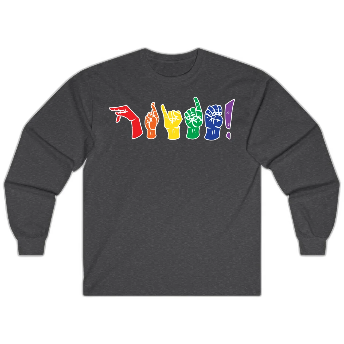 Six colorful raised fists in rainbow pride colors displaying various hand gestures symbolizing unity and solidarity in Dark Heather