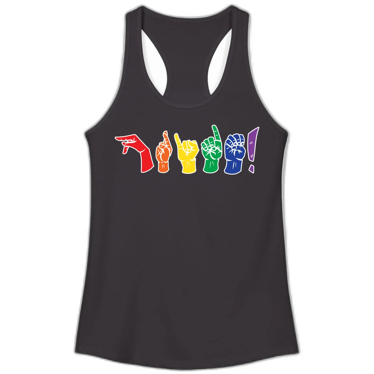 Six colorful raised fists in rainbow pride colors displaying various hand gestures symbolizing unity and solidarity in Black