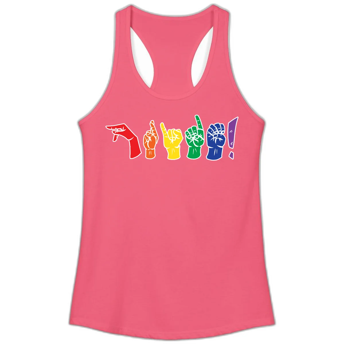 Six colorful raised fists in rainbow pride colors displaying various hand gestures symbolizing unity and solidarity in Hot Pink