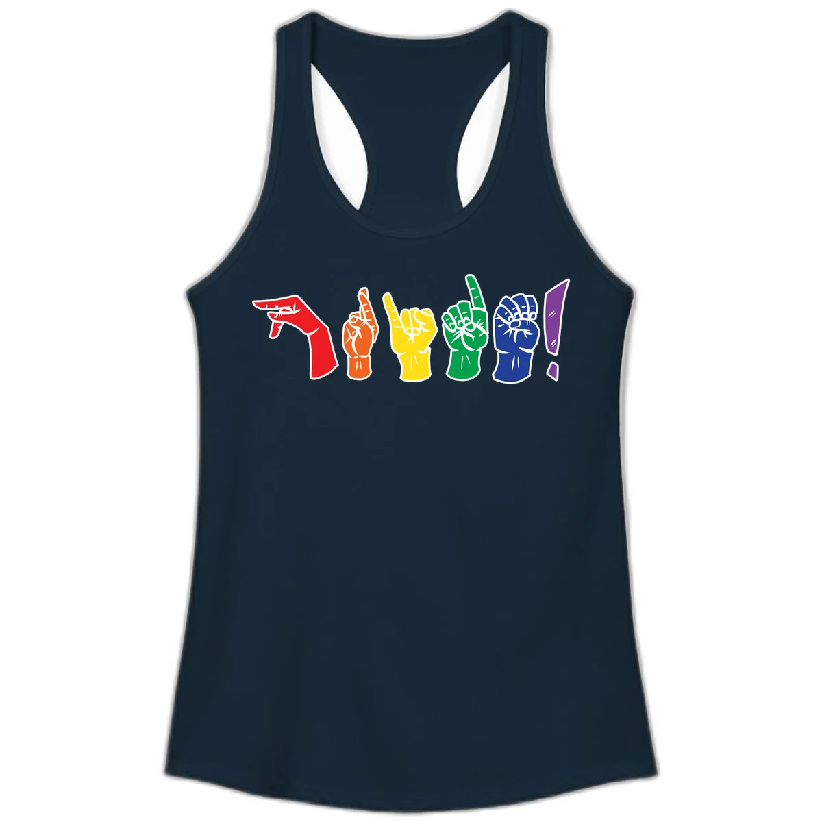 Six colorful raised fists in rainbow pride colors displaying various hand gestures symbolizing unity and solidarity in Solid Midnight Navy