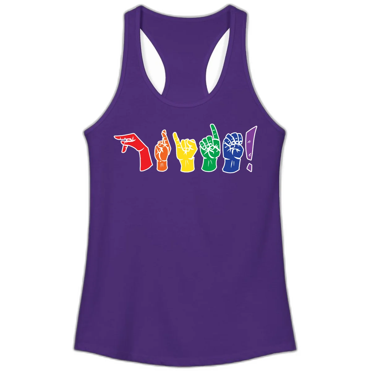 Six colorful raised fists in rainbow pride colors displaying various hand gestures symbolizing unity and solidarity in Solid Purple Rush