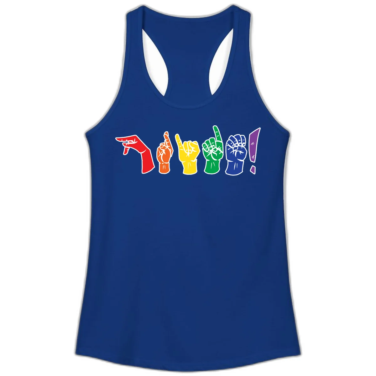 Six colorful raised fists in rainbow pride colors displaying various hand gestures symbolizing unity and solidarity in Solid Royal