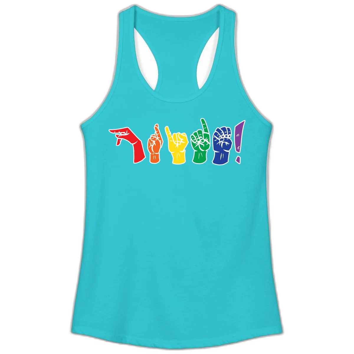 Six colorful raised fists in rainbow pride colors displaying various hand gestures symbolizing unity and solidarity in Solid Tahiti Blue