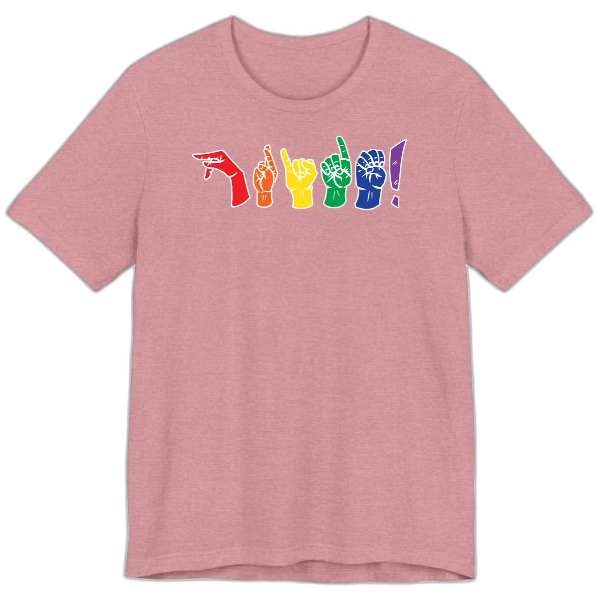 Six colorful raised fists in rainbow pride colors displaying various hand gestures symbolizing unity and solidarity in Heather Orchid