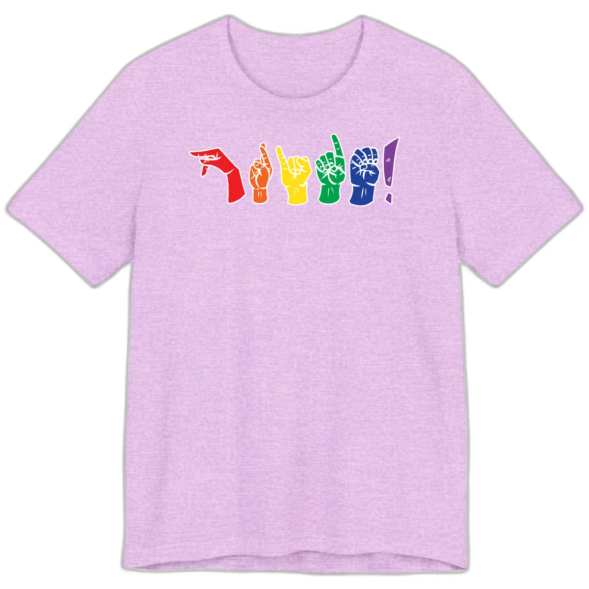 Six colorful raised fists in rainbow pride colors displaying various hand gestures symbolizing unity and solidarity in Heather Prism Lilac