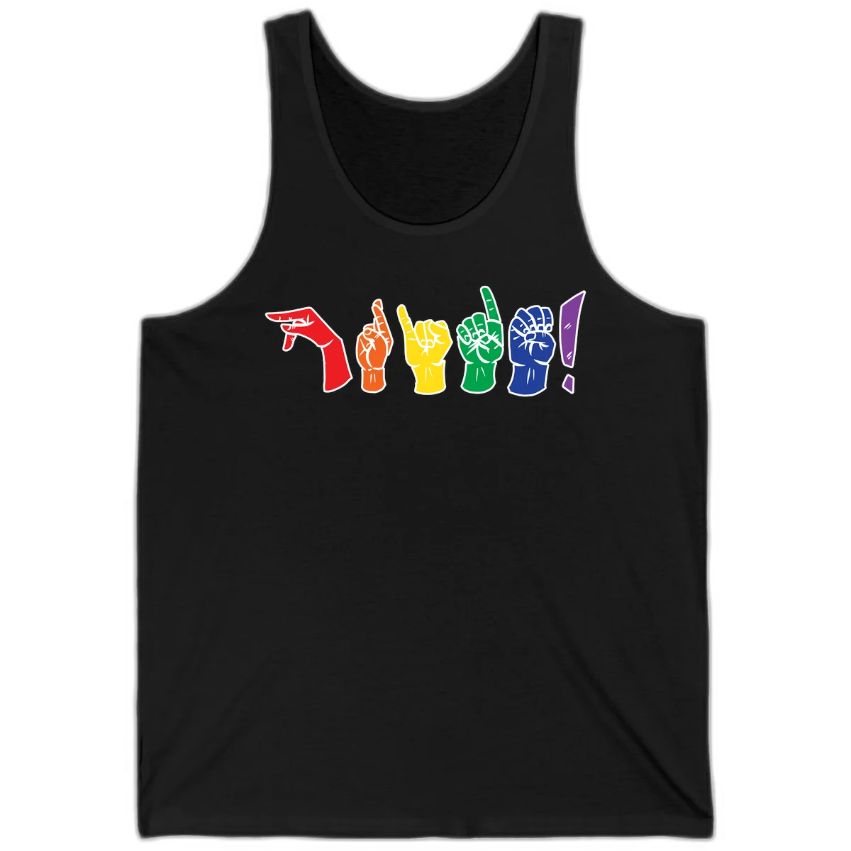 Six colorful raised fists in rainbow pride colors displaying various hand gestures symbolizing unity and solidarity in Black