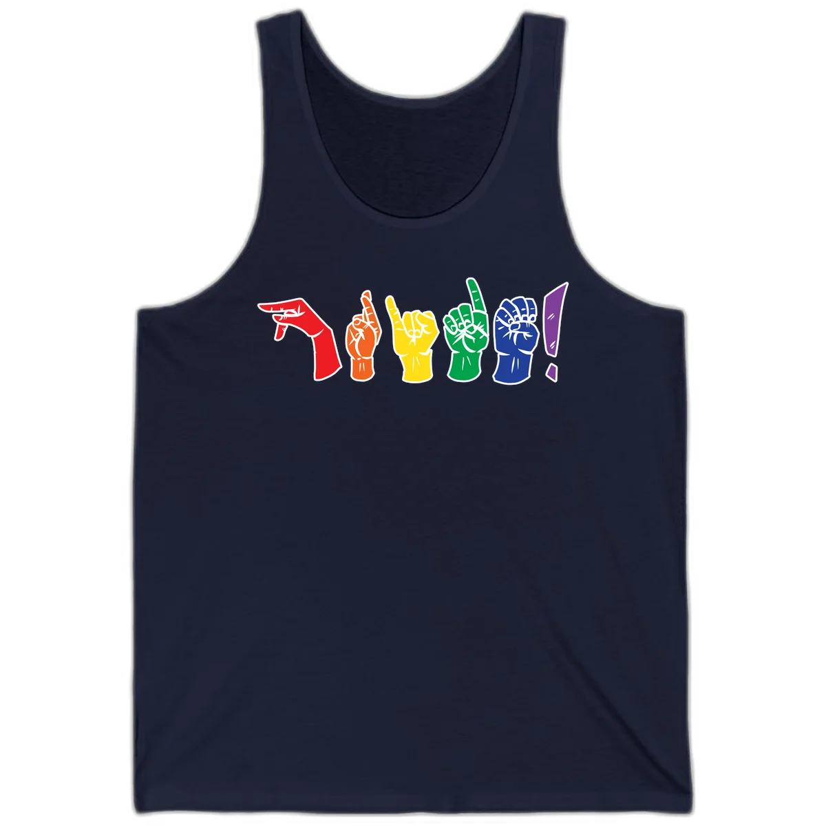 Six colorful raised fists in rainbow pride colors displaying various hand gestures symbolizing unity and solidarity in Navy