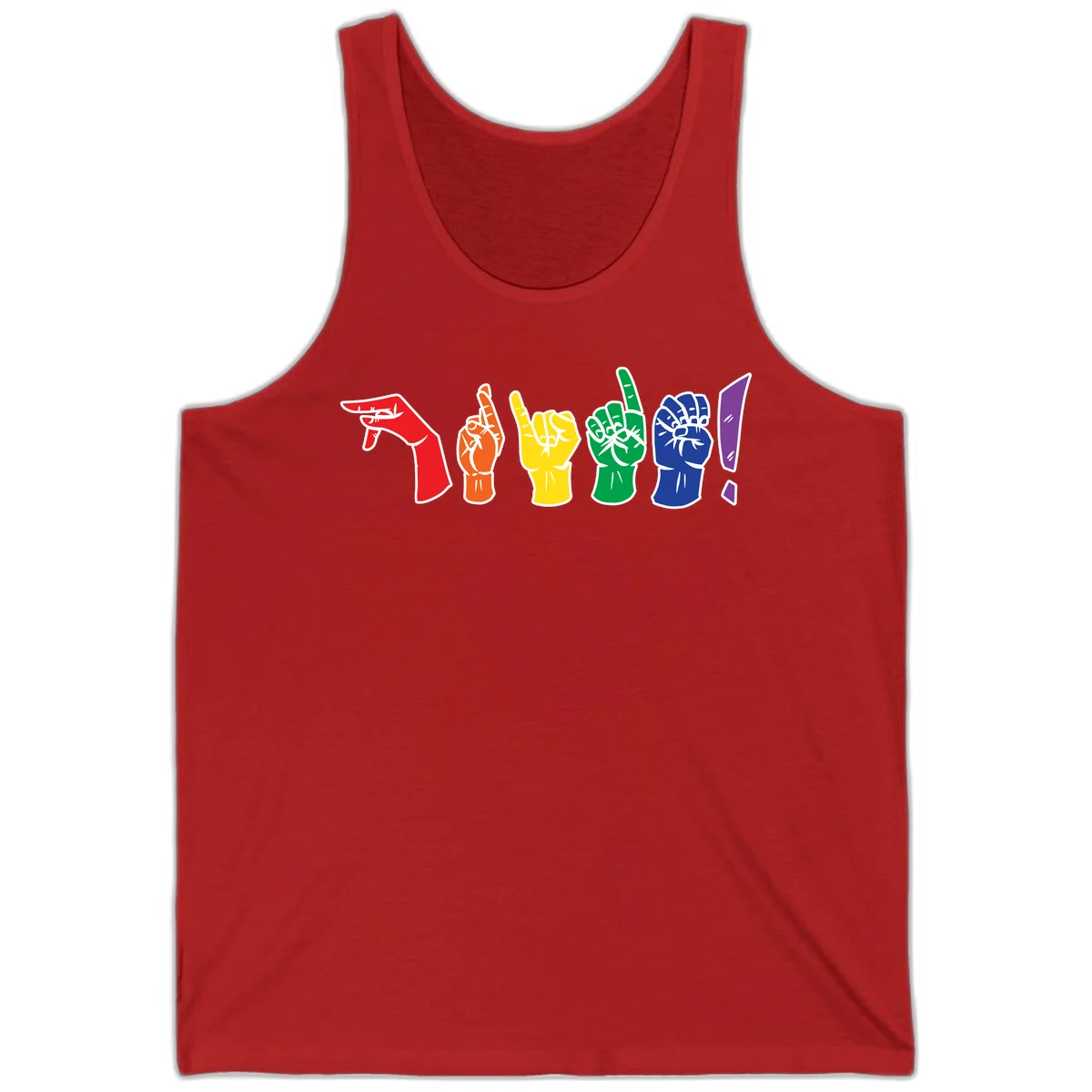 Six colorful raised fists in rainbow pride colors displaying various hand gestures symbolizing unity and solidarity in Red