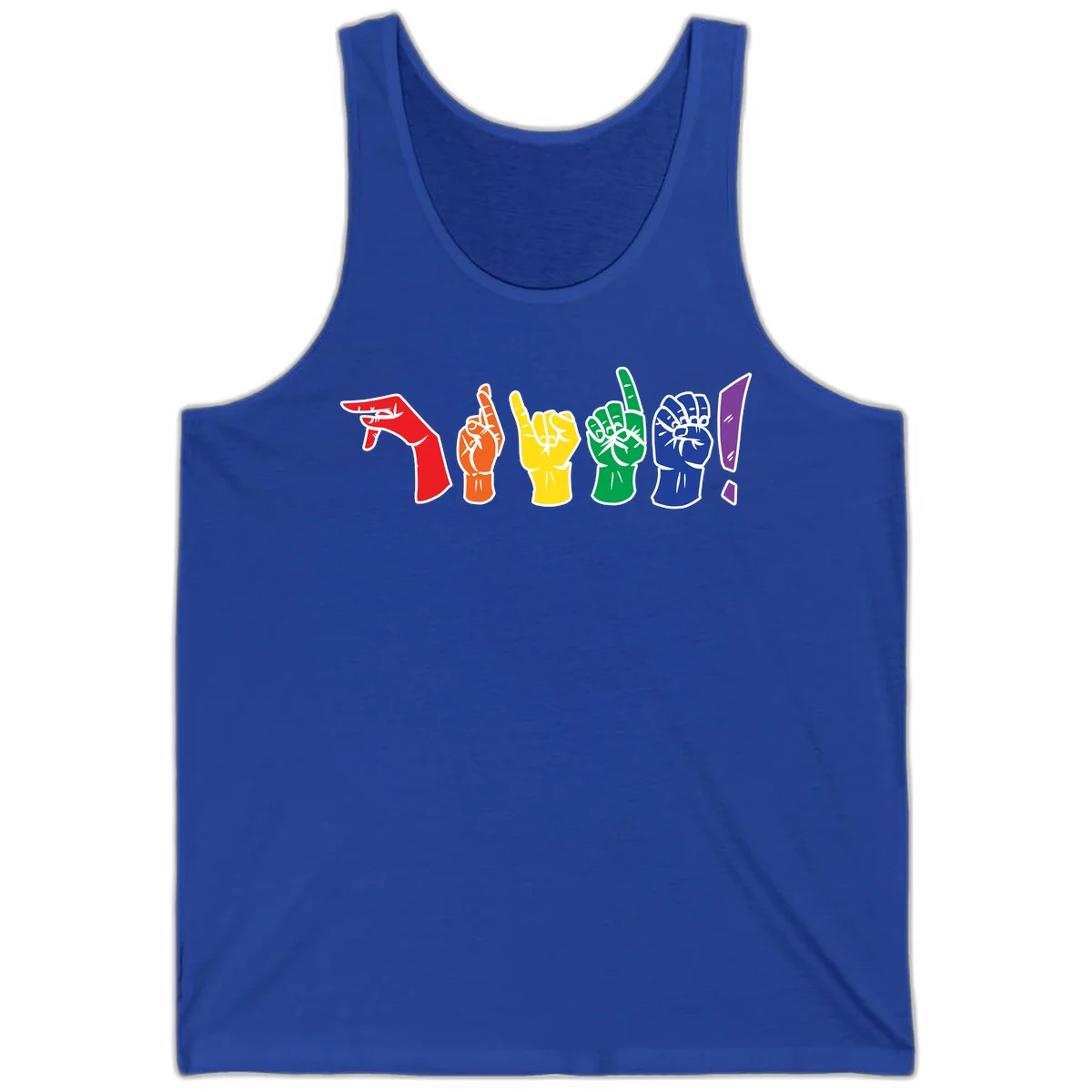 Six colorful raised fists in rainbow pride colors displaying various hand gestures symbolizing unity and solidarity in True Royal