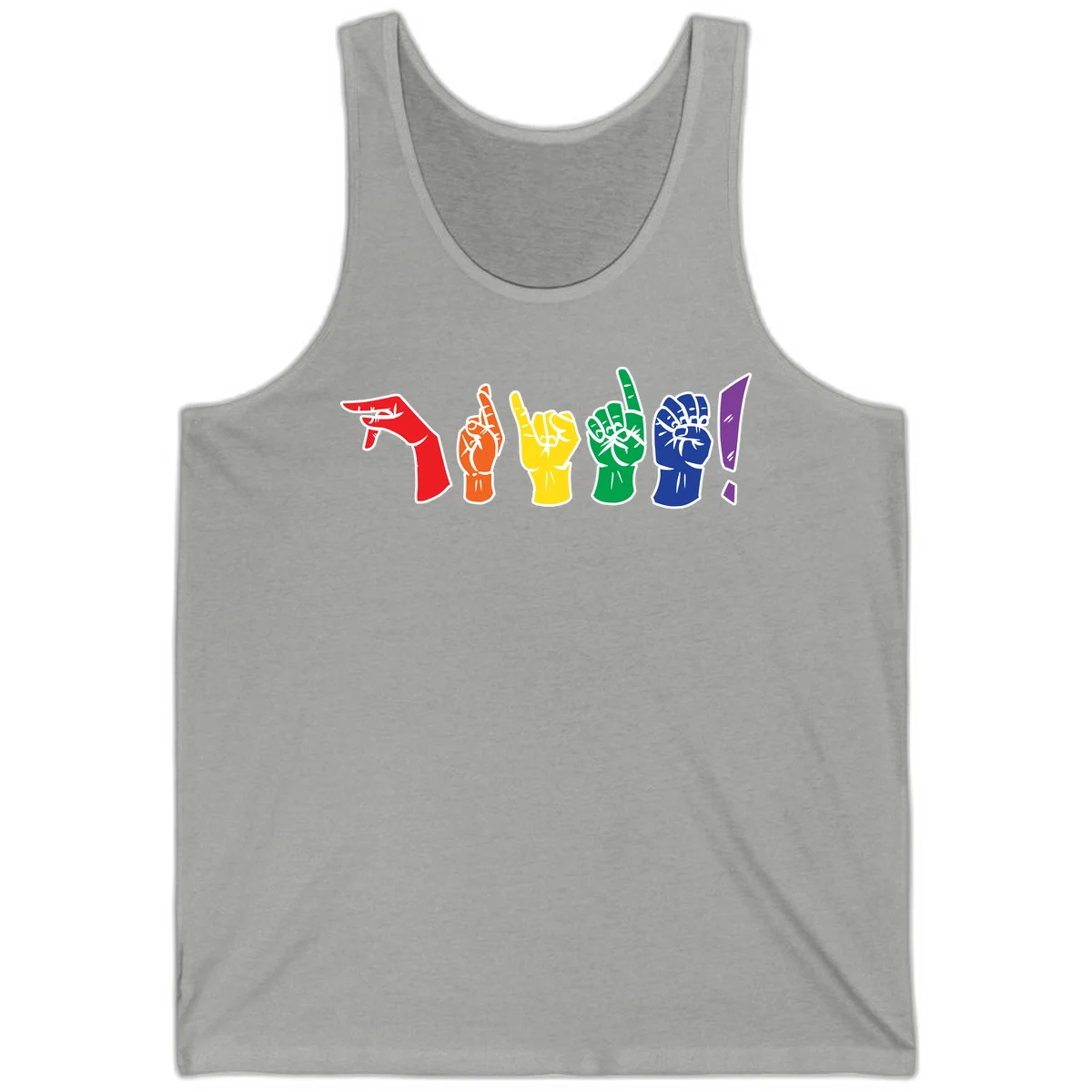 Six colorful raised fists in rainbow pride colors displaying various hand gestures symbolizing unity and solidarity in Athletic Heather