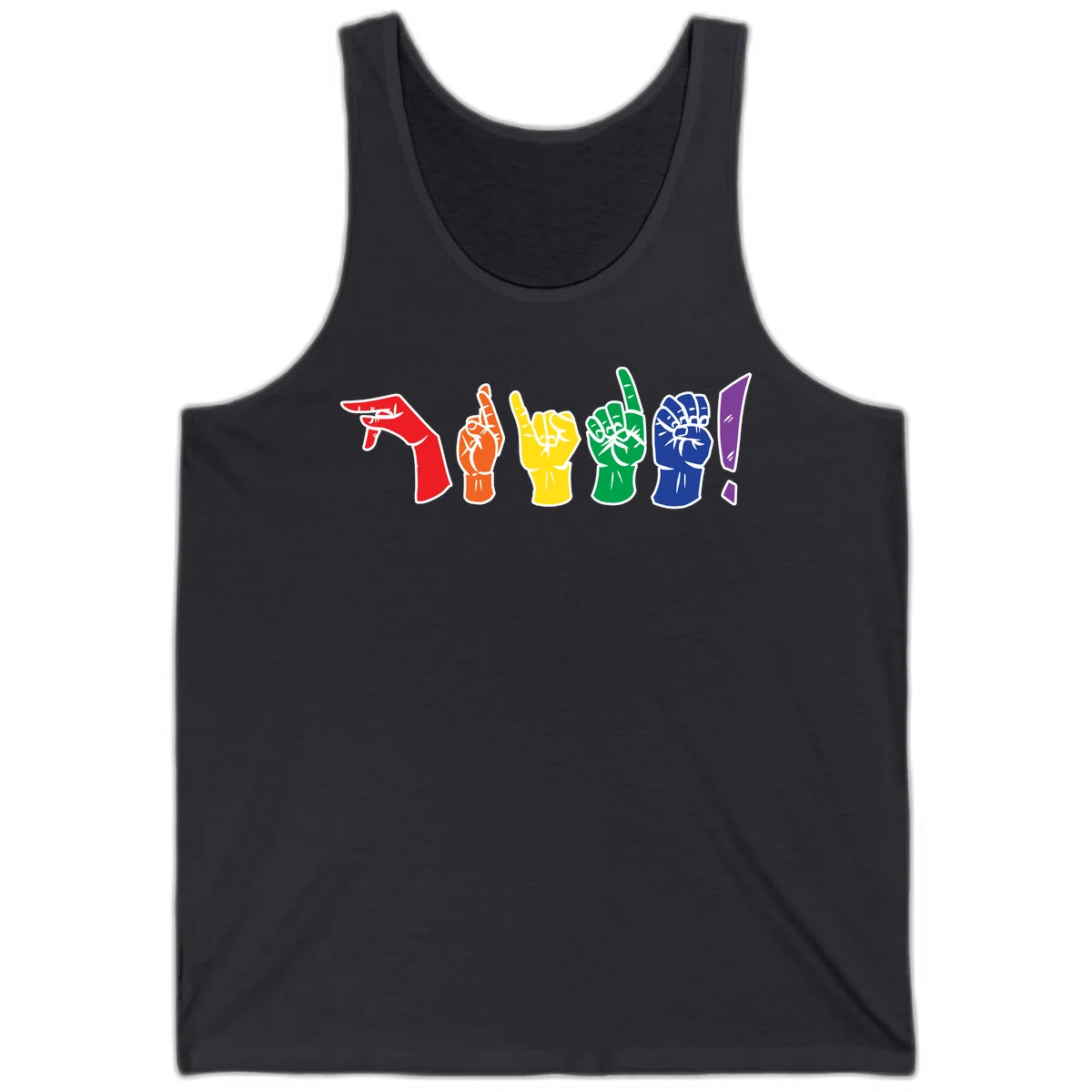 Six colorful raised fists in rainbow pride colors displaying various hand gestures symbolizing unity and solidarity in Dark Grey