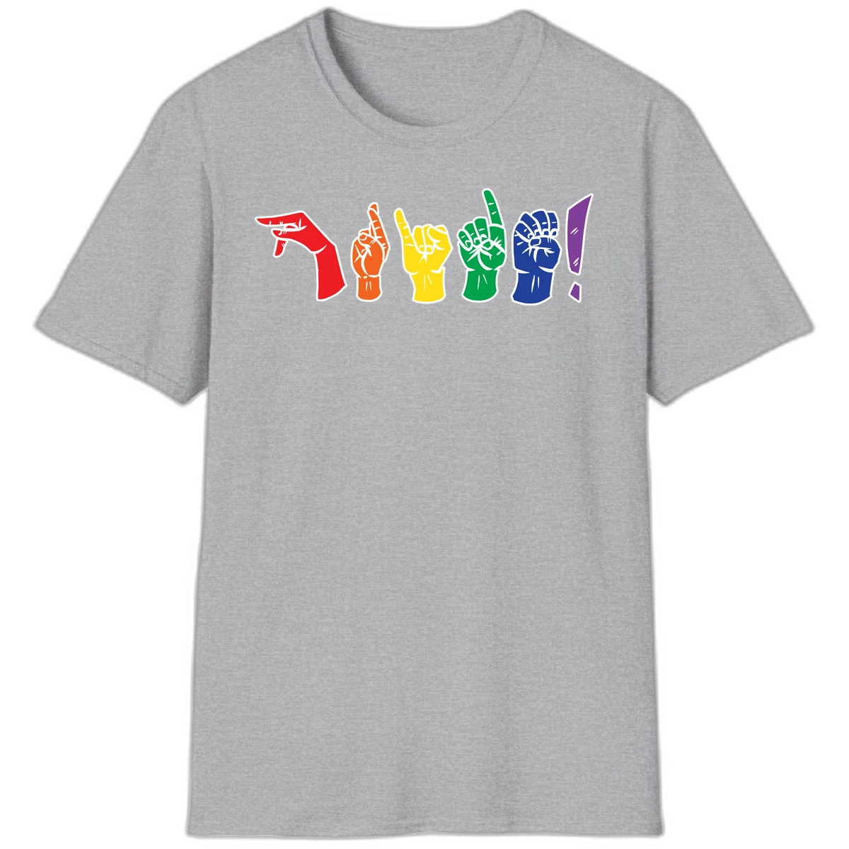 Six colorful raised fists in rainbow pride colors displaying various hand gestures symbolizing unity and solidarity in Sport Grey