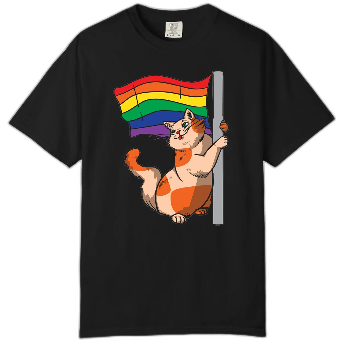 Cartoon cat holding rainbow pride flag with celebratory expression and playful pose in Black