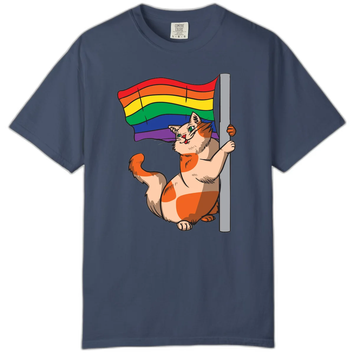 Cartoon cat holding rainbow pride flag with celebratory expression and playful pose in Midnight