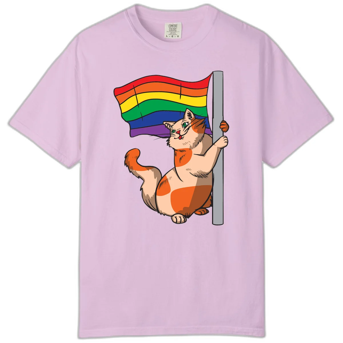 Cartoon cat holding rainbow pride flag with celebratory expression and playful pose in Orchid