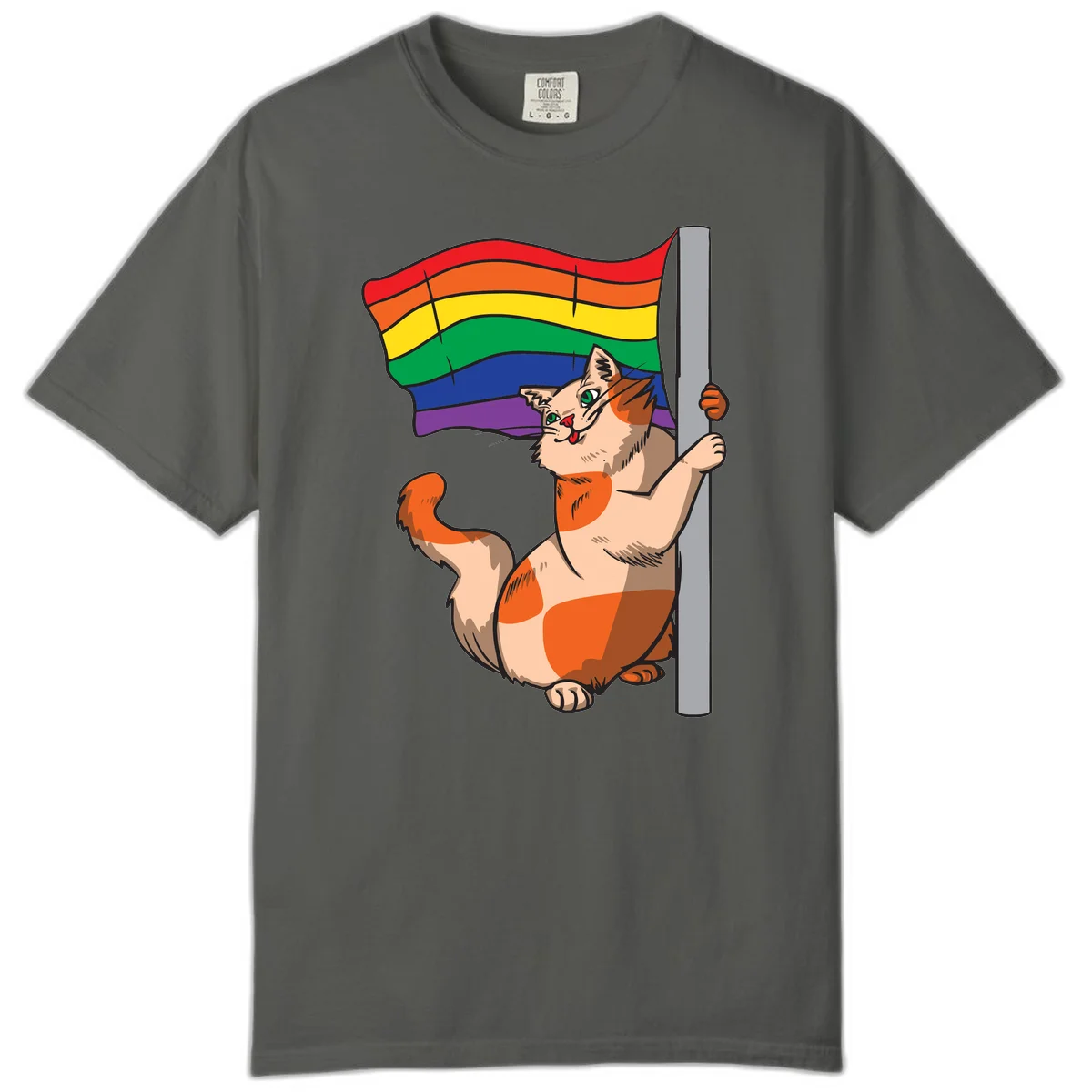 Cartoon cat holding rainbow pride flag with celebratory expression and playful pose in Pepper