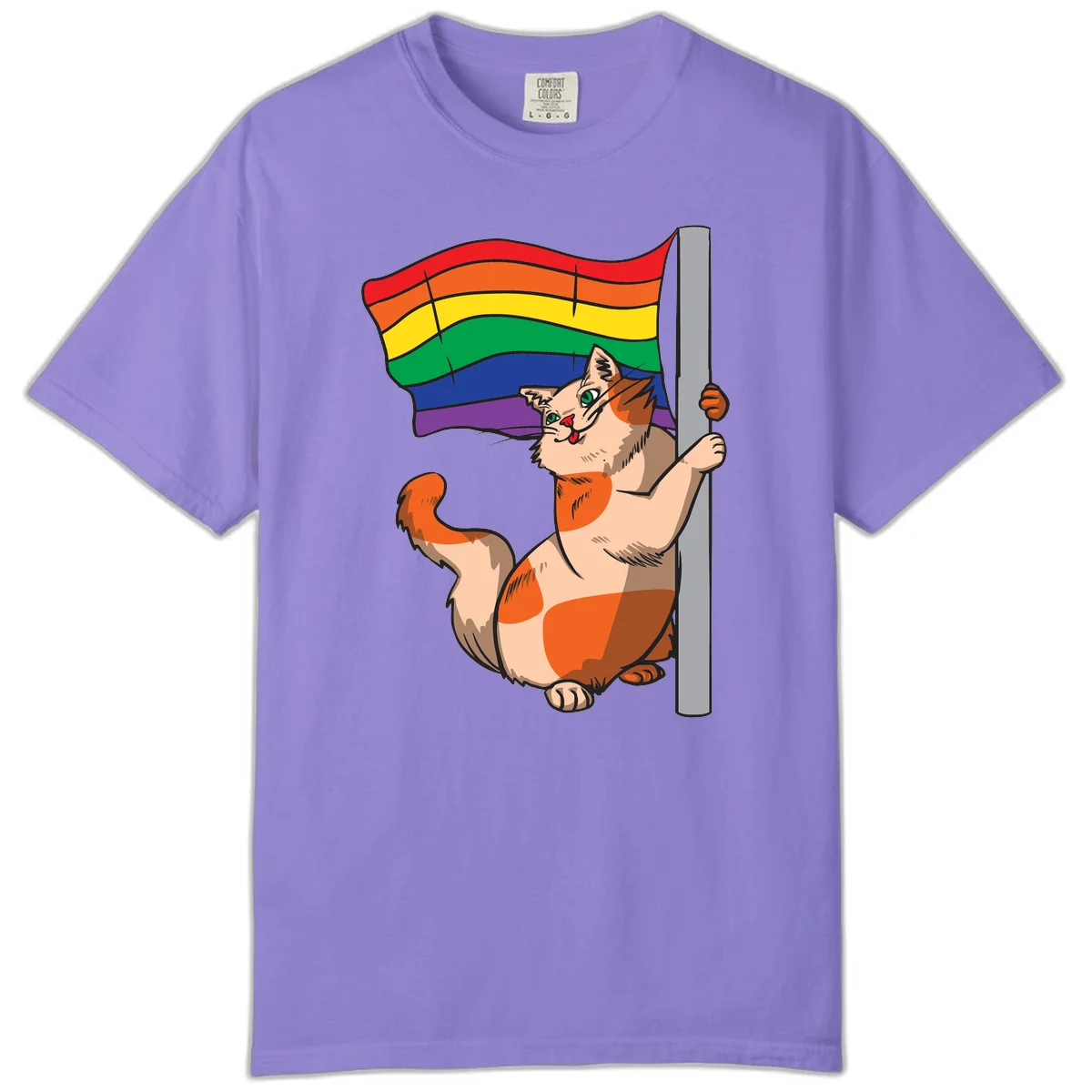 Cartoon cat holding rainbow pride flag with celebratory expression and playful pose in Violet