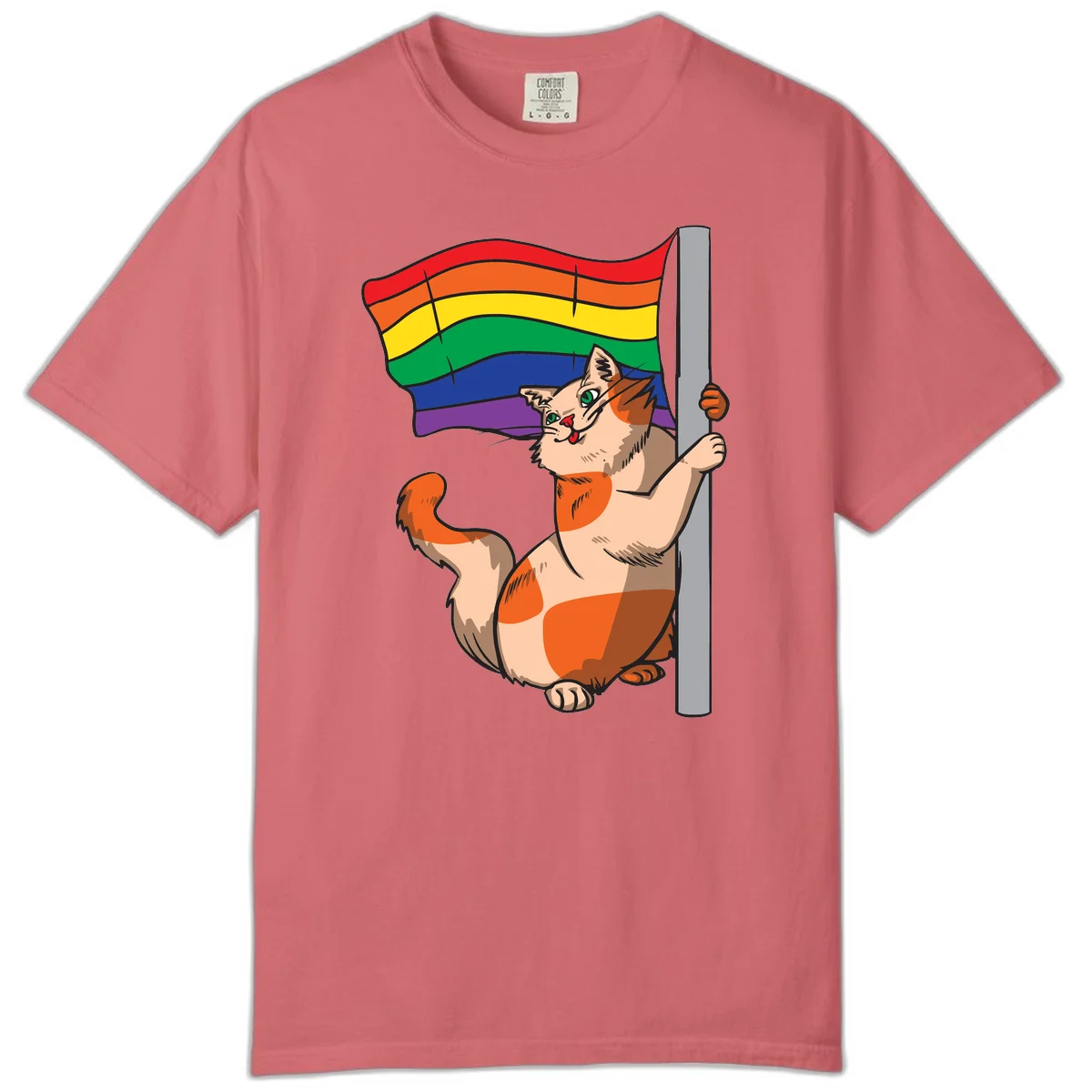 Cartoon cat holding rainbow pride flag with celebratory expression and playful pose in Watermelon
