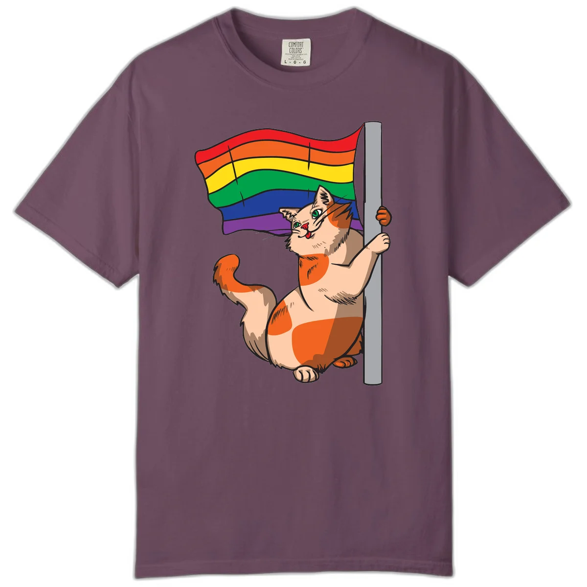 Cartoon cat holding rainbow pride flag with celebratory expression and playful pose in Berry