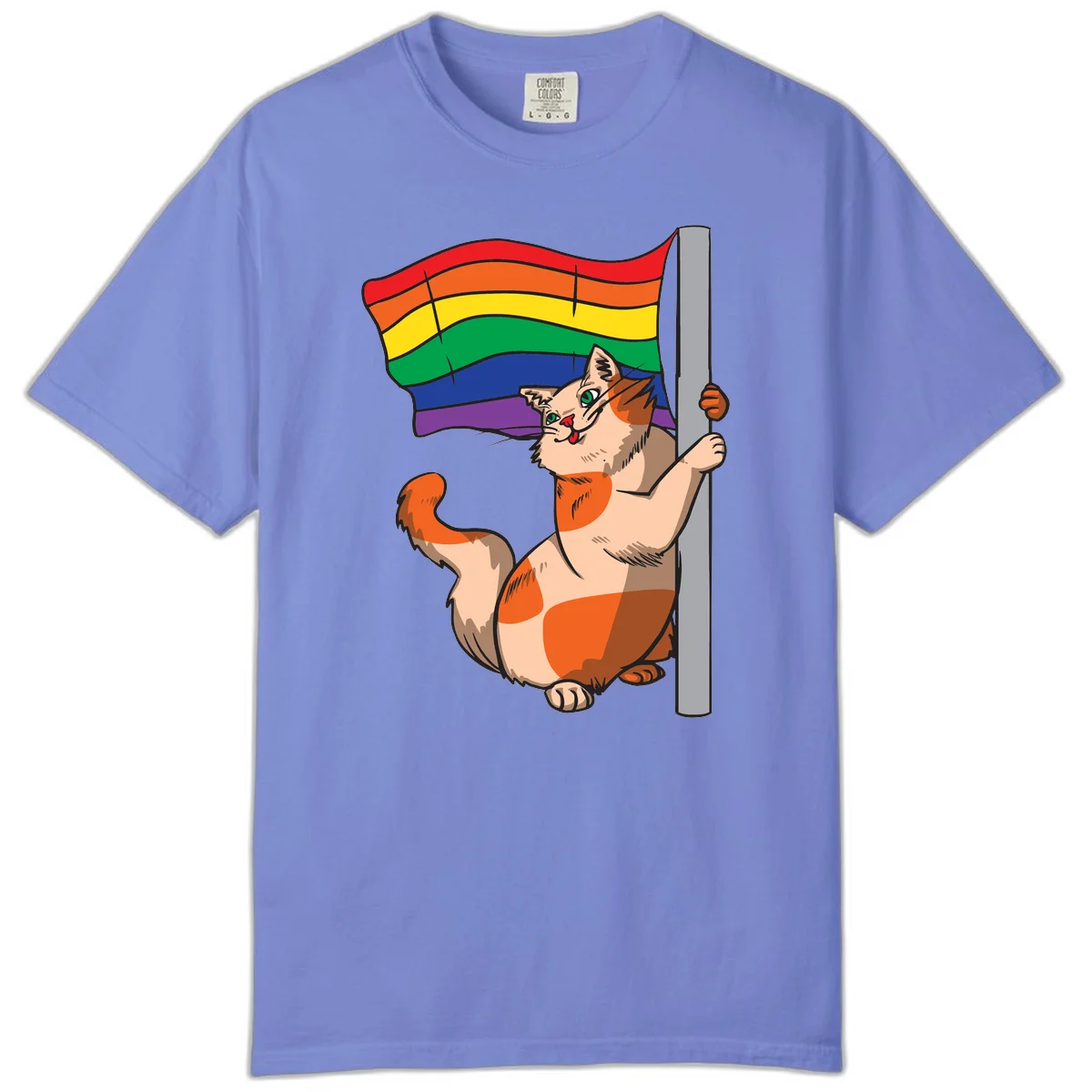 Cartoon cat holding rainbow pride flag with celebratory expression and playful pose in Flo Blue