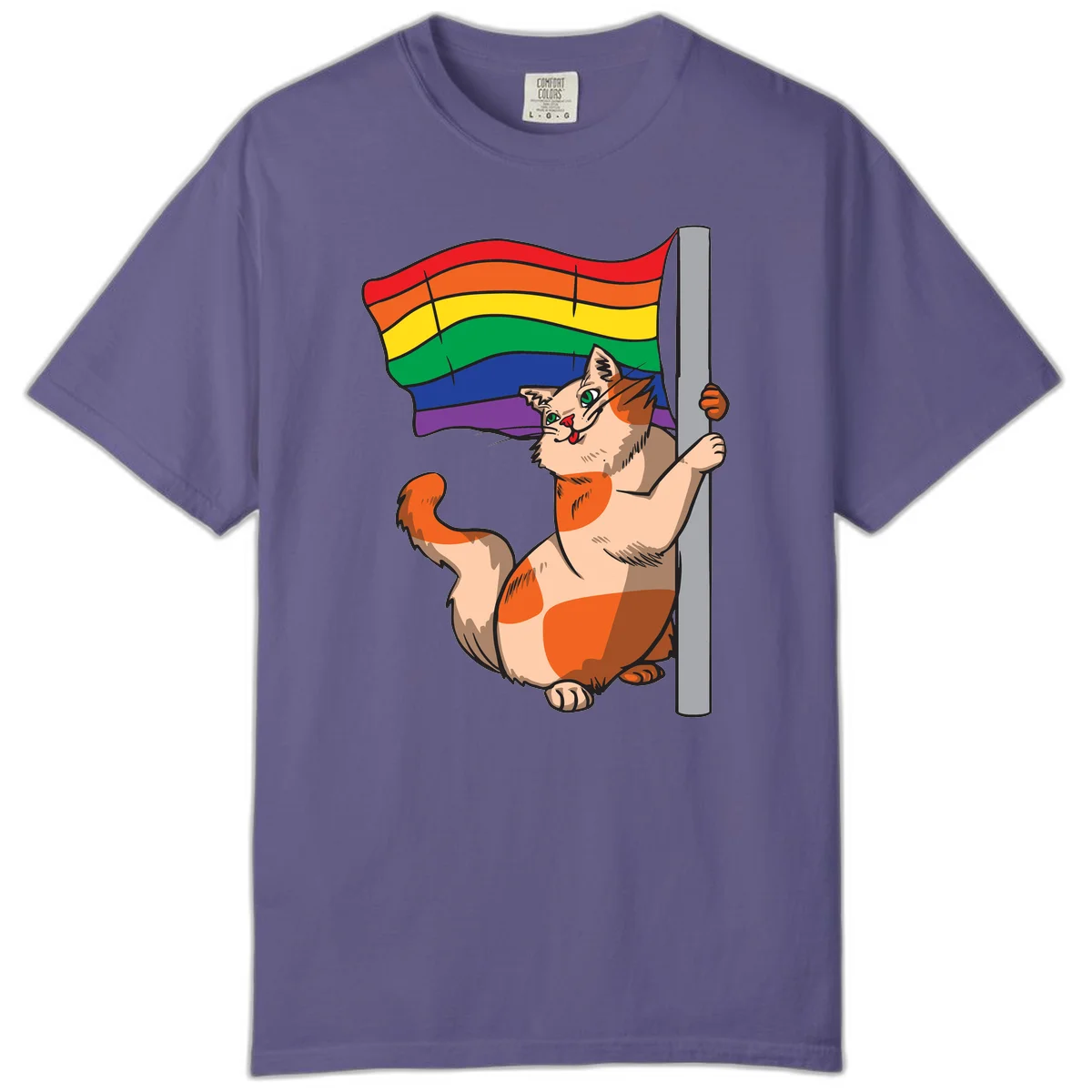 Cartoon cat holding rainbow pride flag with celebratory expression and playful pose in Grape