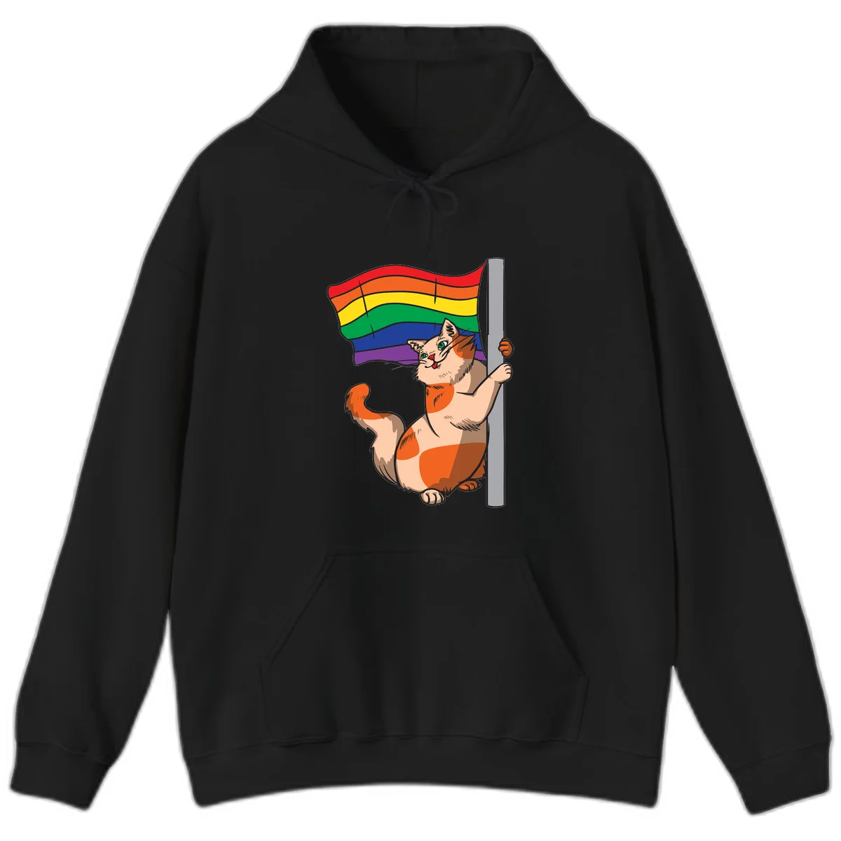 Cartoon cat holding rainbow pride flag with celebratory expression and playful pose in Black