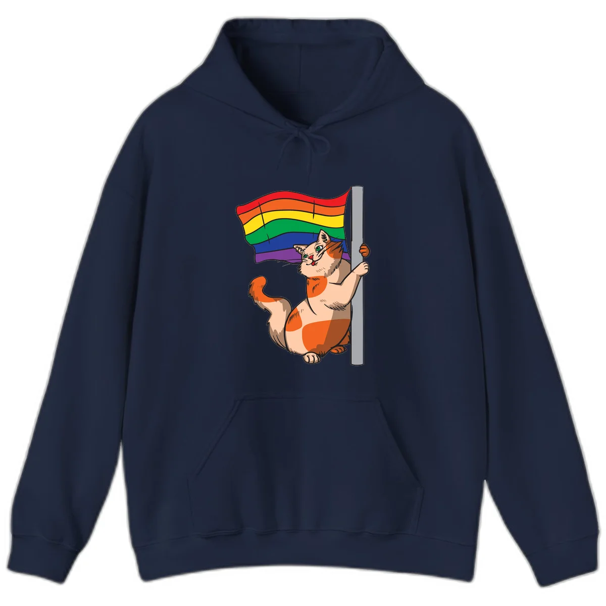 Cartoon cat holding rainbow pride flag with celebratory expression and playful pose in Navy